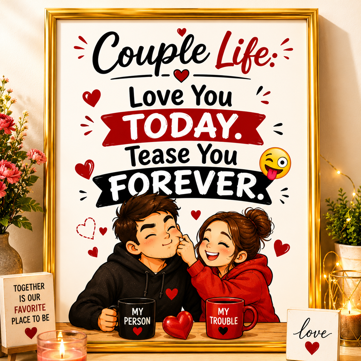 ChatGPT Image Aug 1, 2026, 06_33_57 PM Couple Life Funny Wall A4 Frame – Love You Today, Tease You Forever - Image 1
