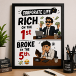 Corporate Life Funny Wall A4 Frame – Rich on the 1st, Broke by the 5th